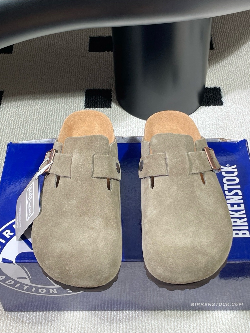 Birkenstock Boston taupe suede mule clogs